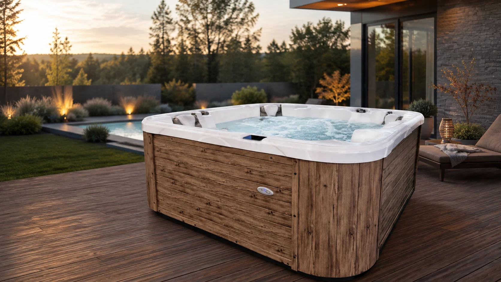 Outdoor Whirlpool auf einer Holzterrasse im Garten